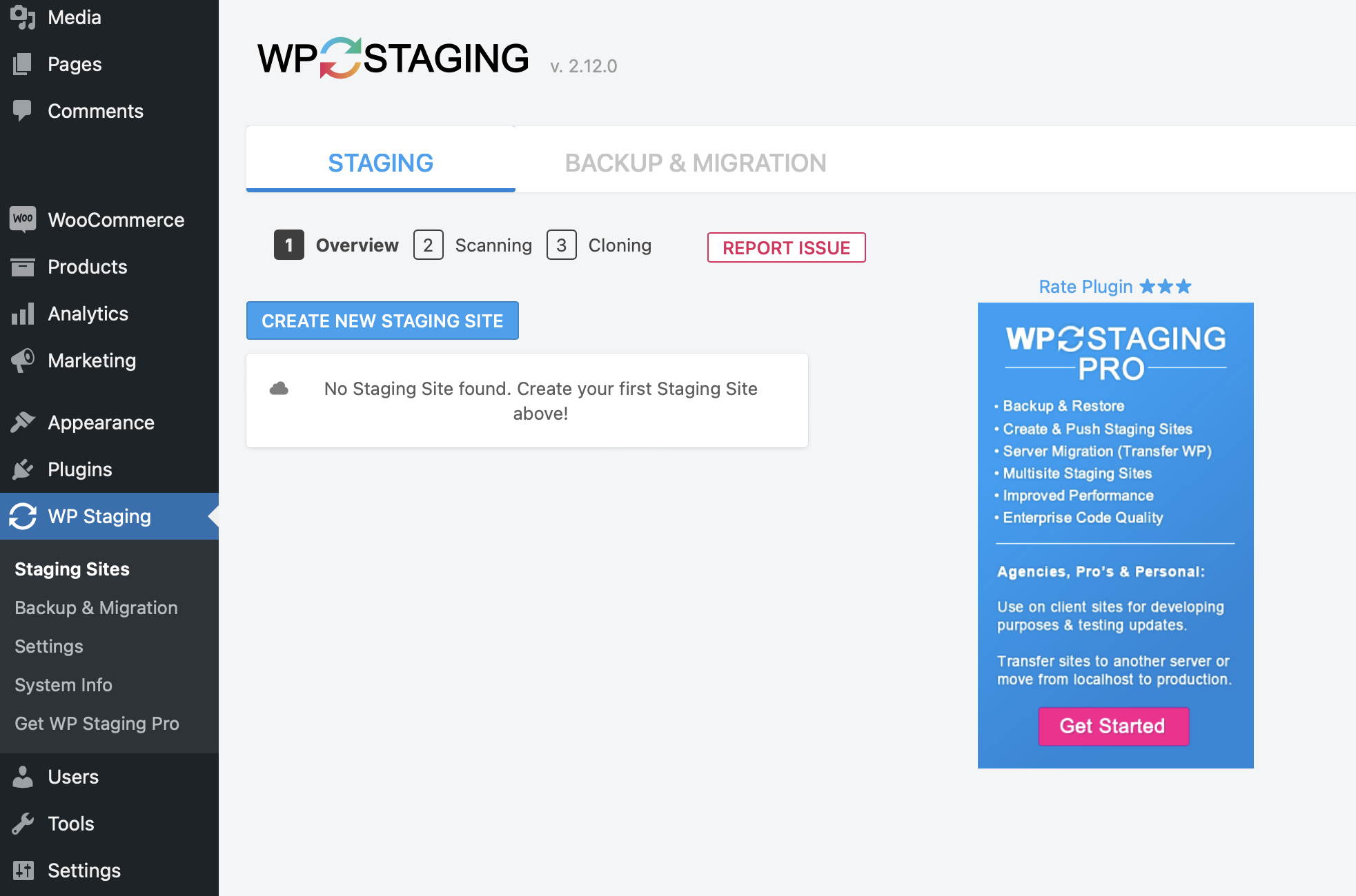 pulsante per creare un nuovo sito di staging