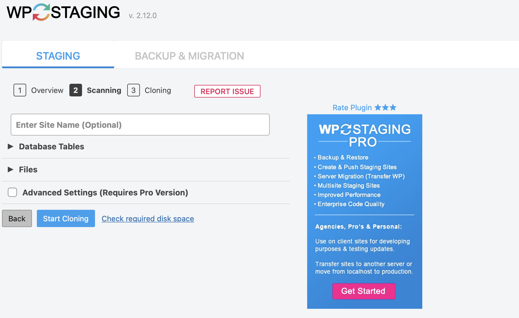 paramètres du plug-in WP Staging