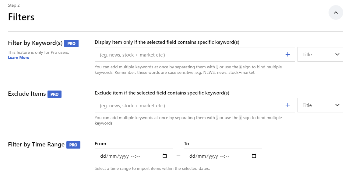ตัวเลือกตัวกรองใน Feedzy