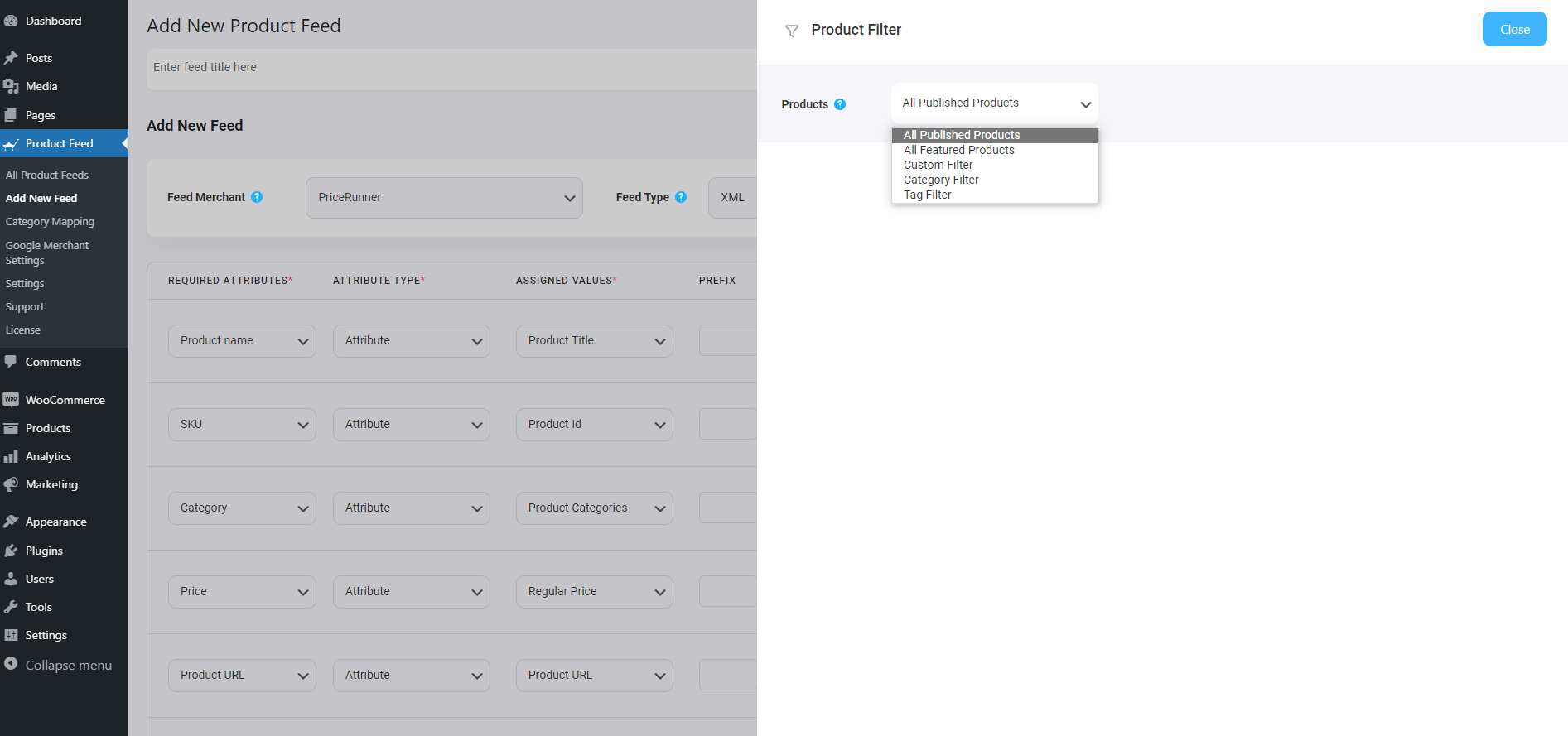 PriceRunner 产品设置选项