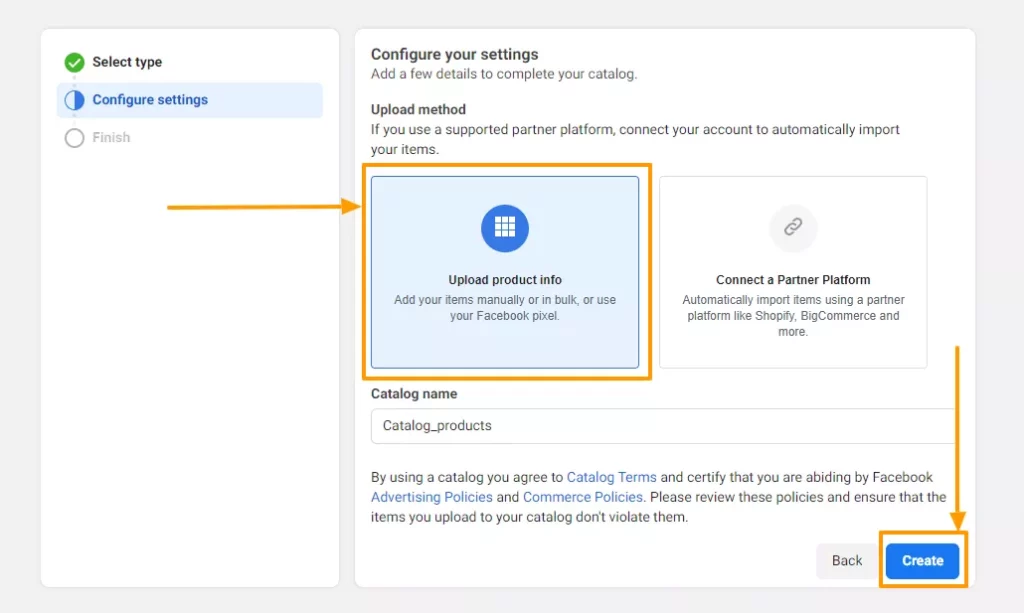 Crea catalogo: configura le impostazioni