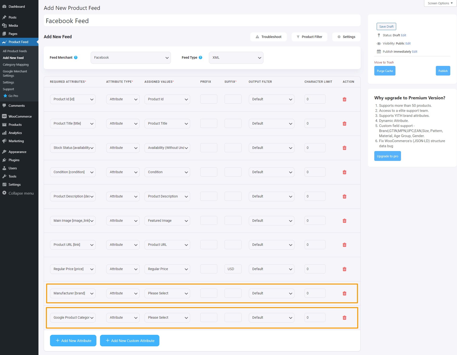 Configura gli attributi richiesti