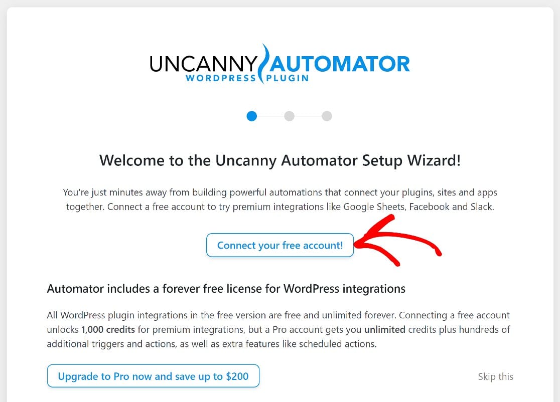 ปุ่มเพื่อทริกเกอร์วิซาร์ดการตั้งค่า Uncanny Automator