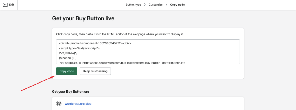 Copie du code du bouton d'achat Shopify