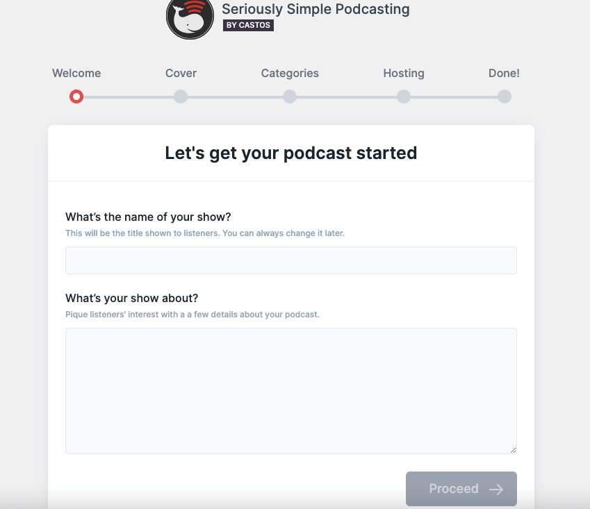 Una captura de pantalla sobre la configuración del asistente de configuración del complemento Seriously Simple Podcast