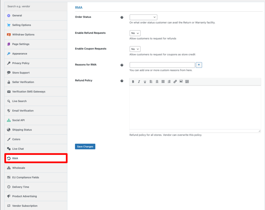 Resumen de RMA de la configuración de Dokan