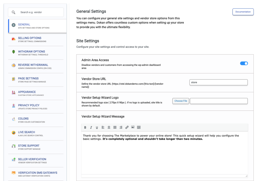 Uno screenshot per le impostazioni generali del plug-in del marketplace Dokan