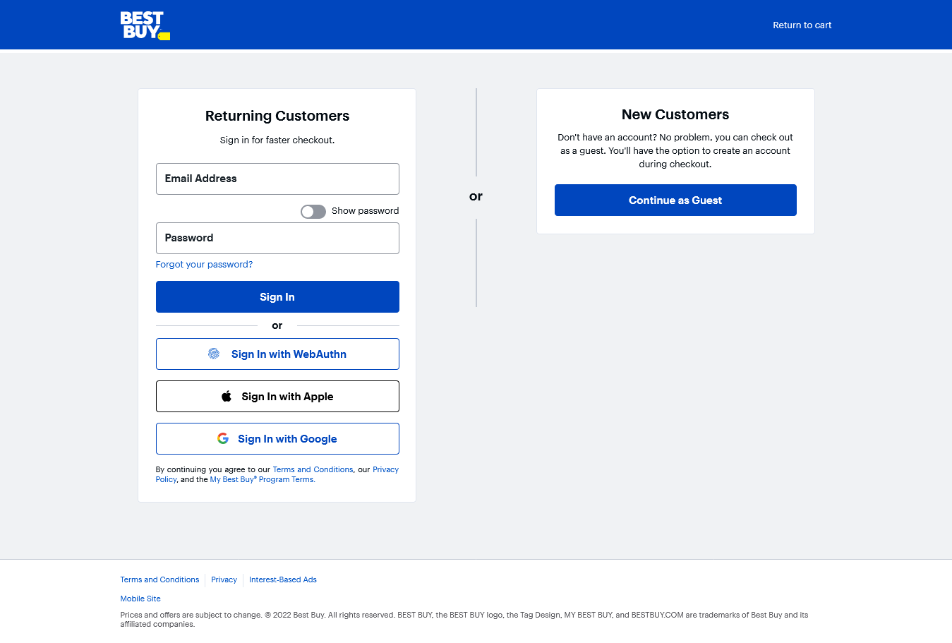 Uma captura de tela da best buy para demonstrar a opção de registro para postagem de convidado