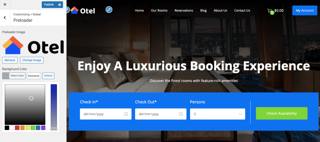 Dieses Bild zeigt die Hintergrundfarbeinstellungen des Otel WordPress-Themes für die Hotelbuchung