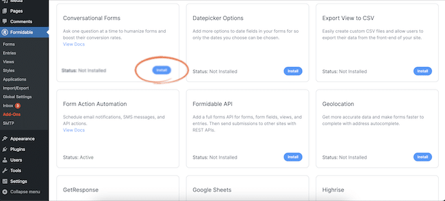 วิธีติดตั้ง Add-on ของ Conversational Forms ใน Formidable