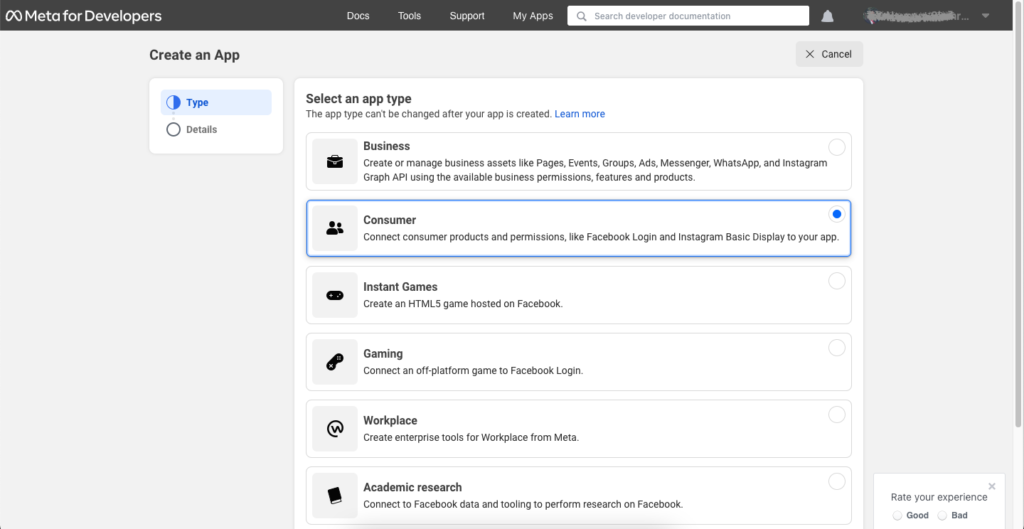 เลือกประเภทแอปสำหรับผู้บริโภค - Meta for Developers Dashboard