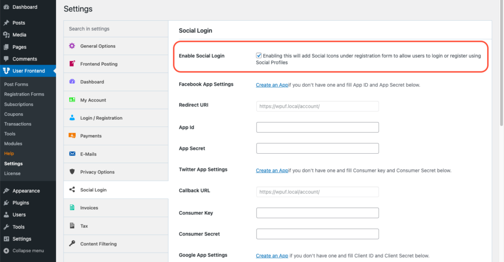 ソーシャル ログインを有効にする - WP ユーザー フロントエンド設定ページ