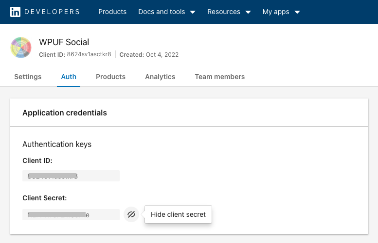 ID do cliente e segredo do cliente na guia Auth - Painel de desenvolvedores do LinkedIn