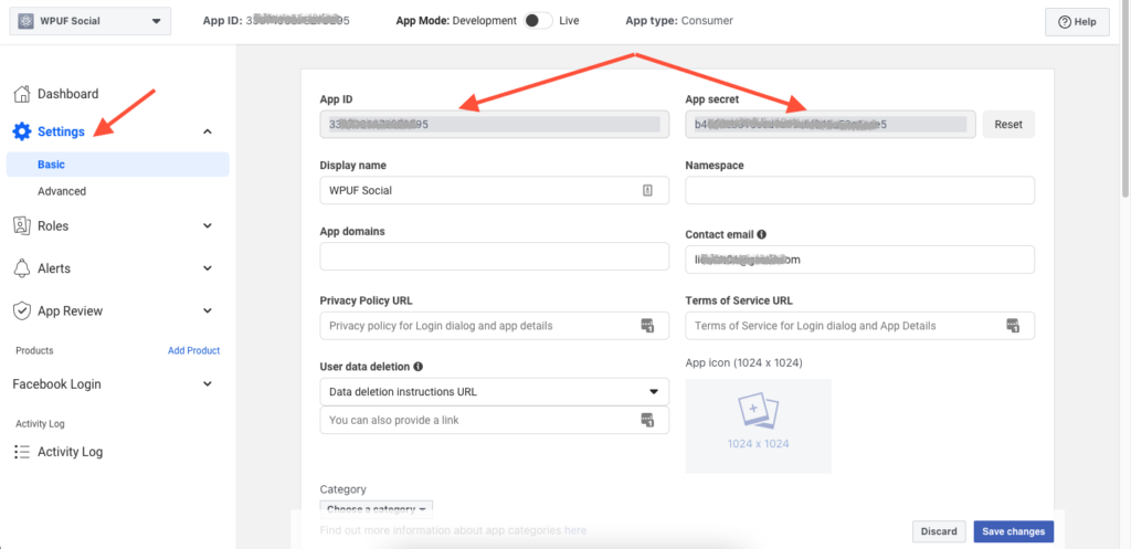 App ID และ App Secret ใน Facebook Developers Dashboard