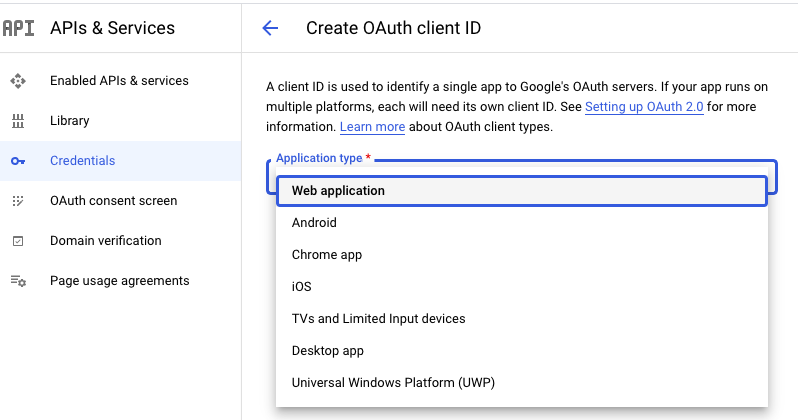 Din meniul drop-down, selectați tipul de aplicație ca aplicație web