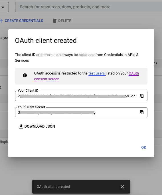 Cliente Google OAuth criado - ID do cliente, Segredo do cliente