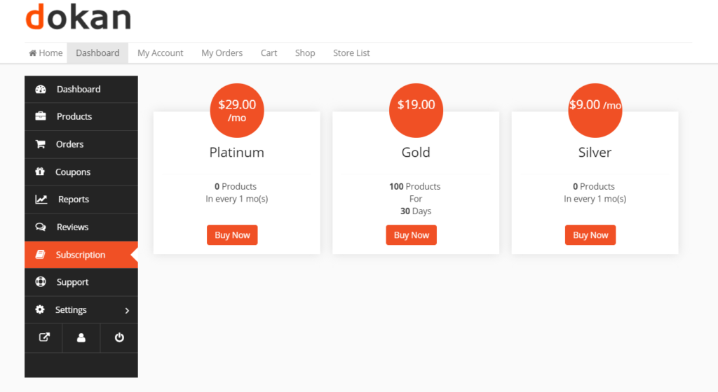 Dashboard del fornitore di abbonamenti dokan