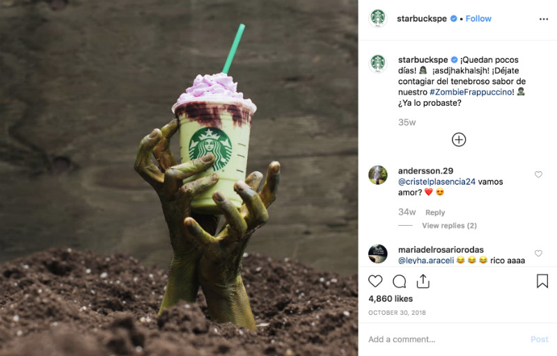 Publicación de Halloween en las redes sociales de Starbucks