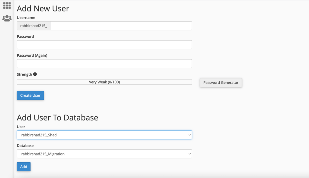 Tangkapan layar Membuat dan Menambahkan Pengguna Baru dari cPanel