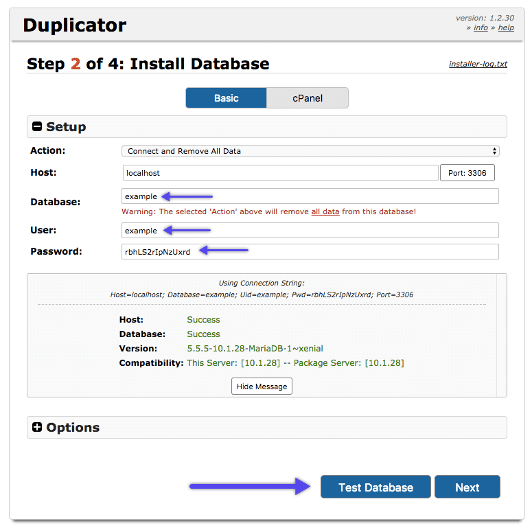 O captură de ecran a pasului 2 din Duplicator