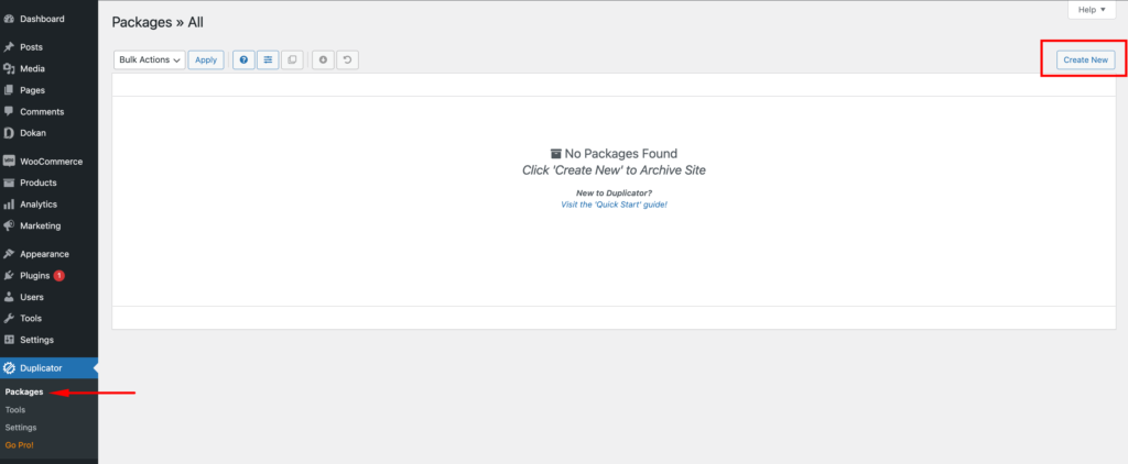 Tangkapan layar Membuat Paket Baru menggunakan plugin duplikator WordPress