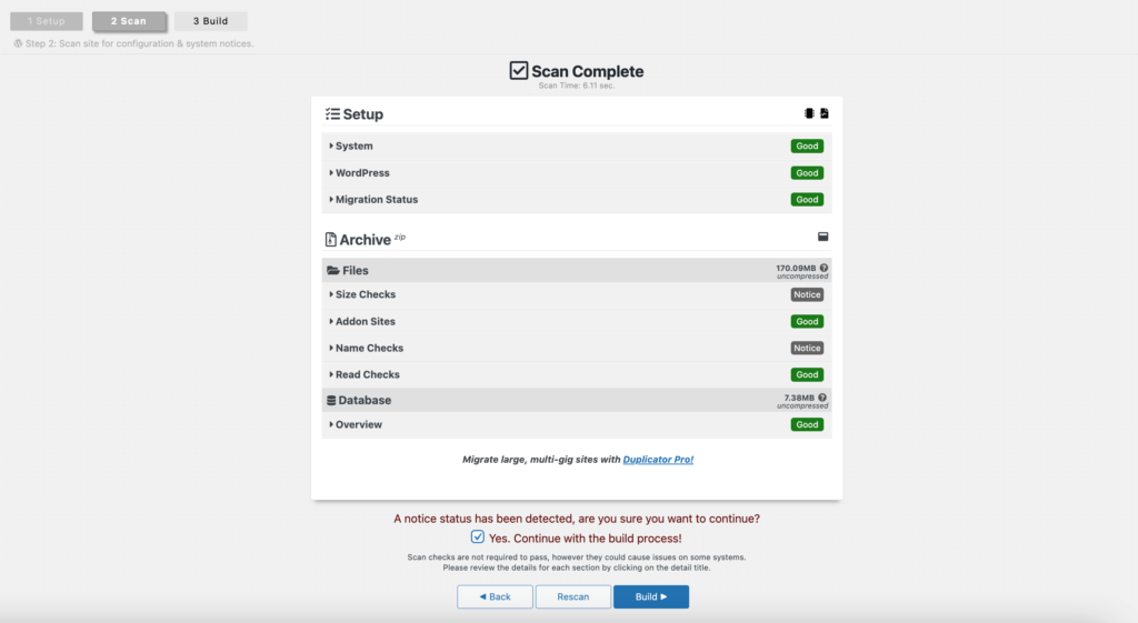 Ein Screenshot des WordPress Duplicator-Plugins Checkmark