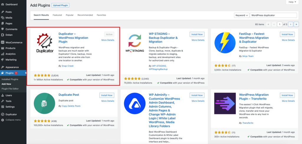 WordPress 대시보드에서 WordPress Duplicator 플러그인 설치 및 활성화 스크린샷