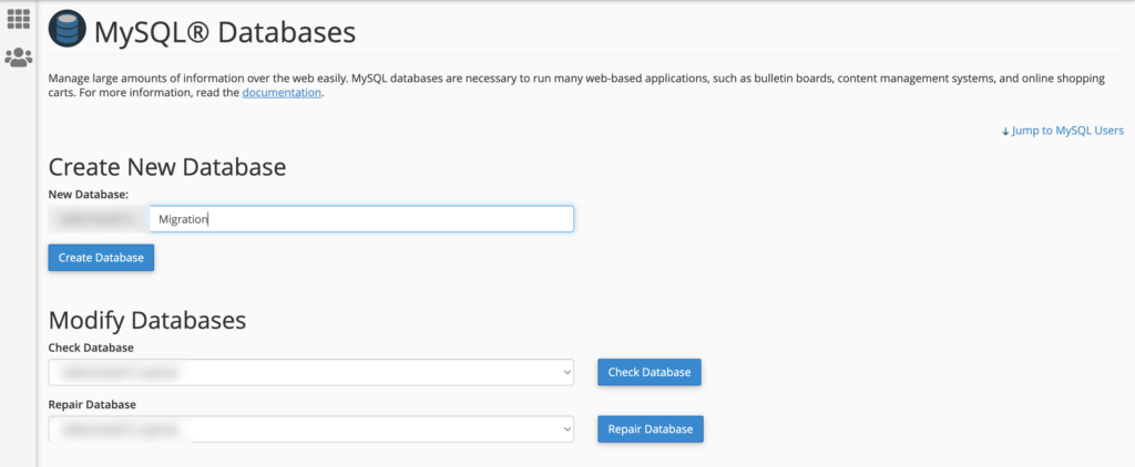 Tangkapan layar Membuat database baru dari cPanel