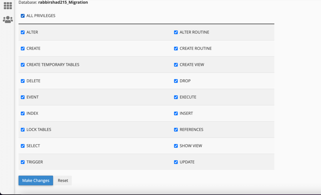 Ein Screenshot der Vergabe aller Berechtigungen für die Datenbankänderung