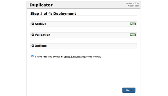 O captură de ecran a pasului 1 din Duplicator