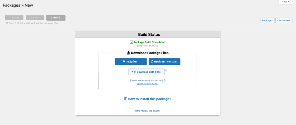 Una captura de pantalla del complemento WordPress Duplicator Build Complete