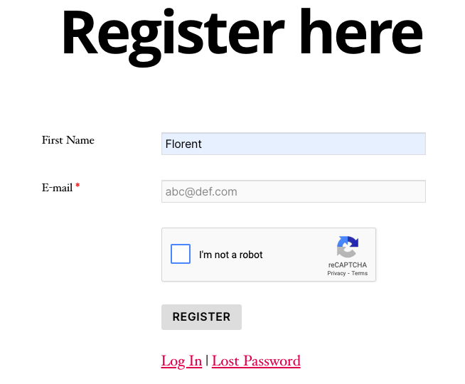 Vizualizare front-end a unui formular de înregistrare WordPress cu reCAPTCHA activat