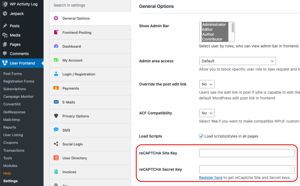 Campi reCAPTCHA Site Key e Secret Key nelle impostazioni WP User Frontend