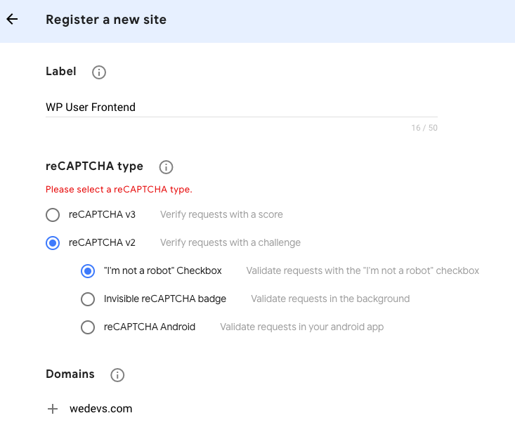 Înregistrarea unui site nou în Google reCAPTCHA