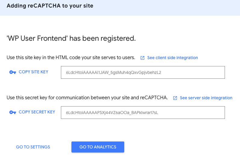 Generación de clave de sitio y clave secreta de Google