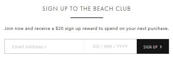 Uno screenshot dell'iscrizione alla newsletter di Seafolly