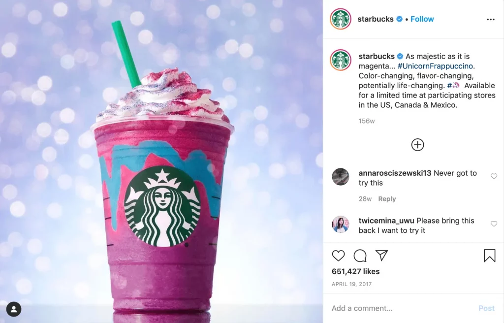 Une capture d'écran de la nouvelle campagne de boissons de starbucks