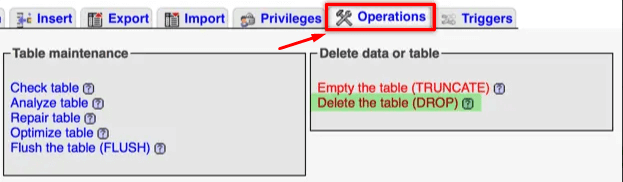 Ceci est une capture d'écran pour supprimer la table de phpmyadmin