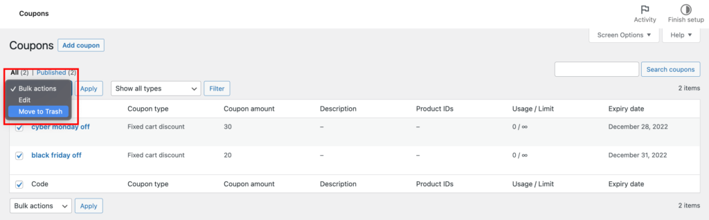 这是从 WooCommerce 中删除优惠券的屏幕截图