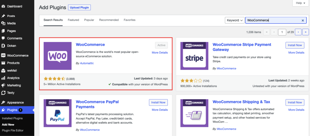 This is a screenshot to Install WooCommerce