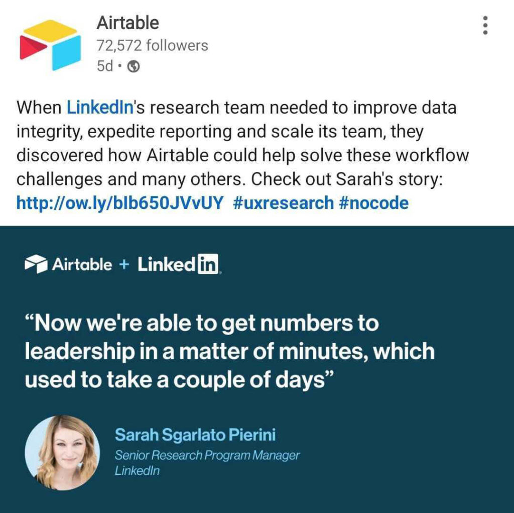 Airtable LinkedIn 帖子突出了一个客户故事