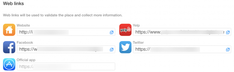 Ajoutez des liens Web comme le site Web, le profil fb, le profil Yelp, Twitter et autres