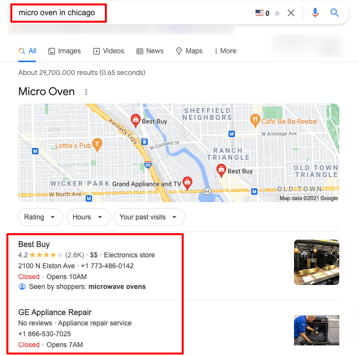 Această imagine arată pagina de rezultate Google a căutării „micro oven in Chicago”.