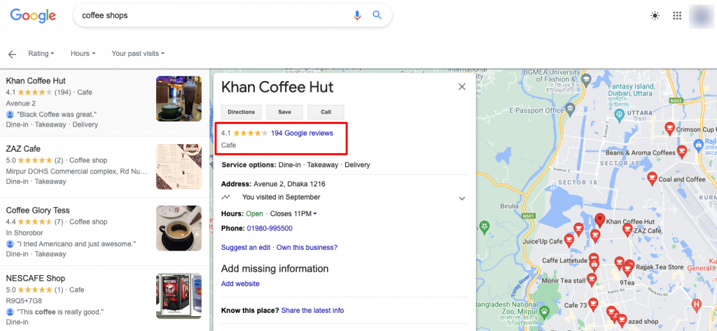 Esta es una imagen que muestra las reseñas de Google de una tienda local.