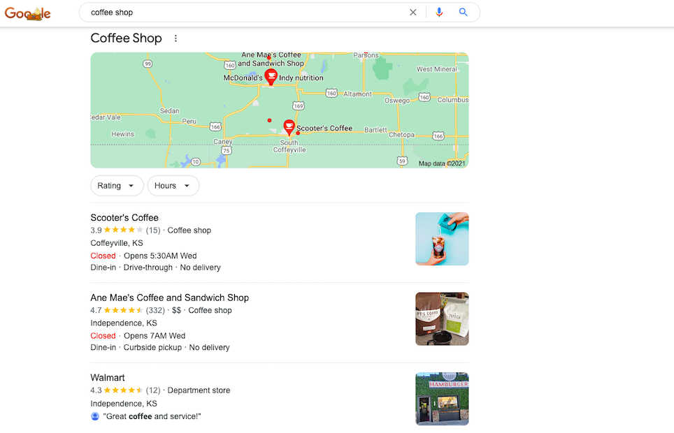 Această imagine arată pagina de rezultate Google a căutării „coffee shop”.