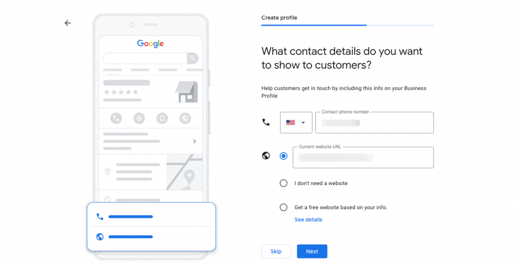 Entrez vos coordonnées pour le compte Google My Business