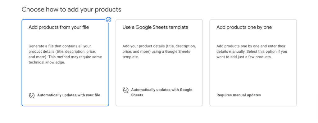 Esta imagen muestra 3 formas de agregar productos a Google Shopping