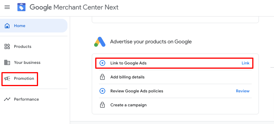 Google 광고 계정을 Google Merchant Center 계정에 연결하는 방법을 보여주는 이미지입니다.