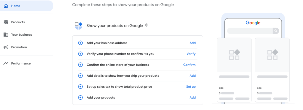 É uma imagem que mostra o que configurar para criar completamente uma conta do Google Merchant Center.