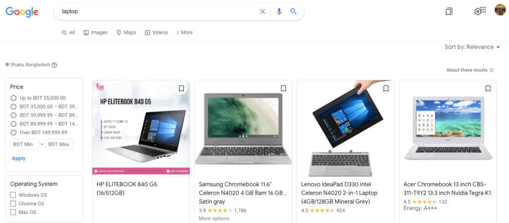 Cette image montre 4 ordinateurs portables inscrits sur Google Shopping